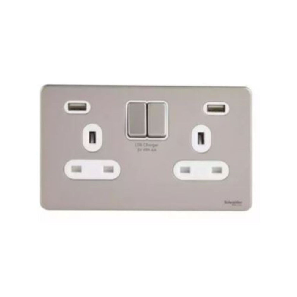 Schneider Electric Ultimate Switched Socket 2 USB Charger 2 Gang 13A GGBGU3424DWPN Pearl Nickel, White in Dubai, UAE