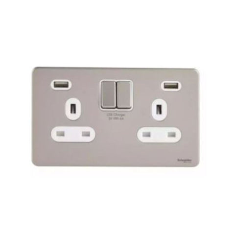Schneider Electric Ultimate Switched Socket 2 USB Charger 2 Gang 13A GGBGU3424DWPN - Pearl Nickel, White