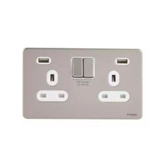Schneider Electric Ultimate Switched Socket 2 USB Charger 2 Gang 13A GGBGU3424DWPN - Pearl Nickel, White - Slide 1