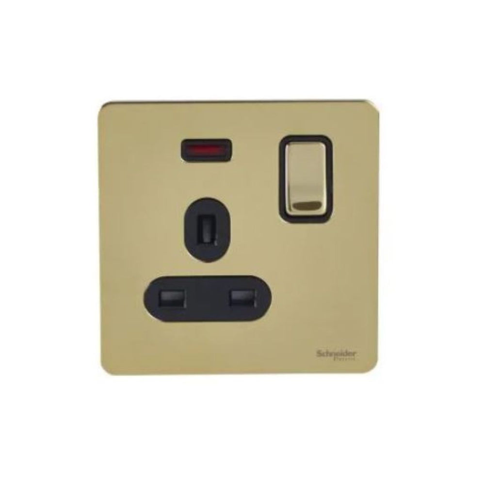 Schneider Electric Ultimate Screwless Flat Plate Switched Socket DP 13A 1 Gang Neon GU3411DBPB Polished Brass in dubai, UAE