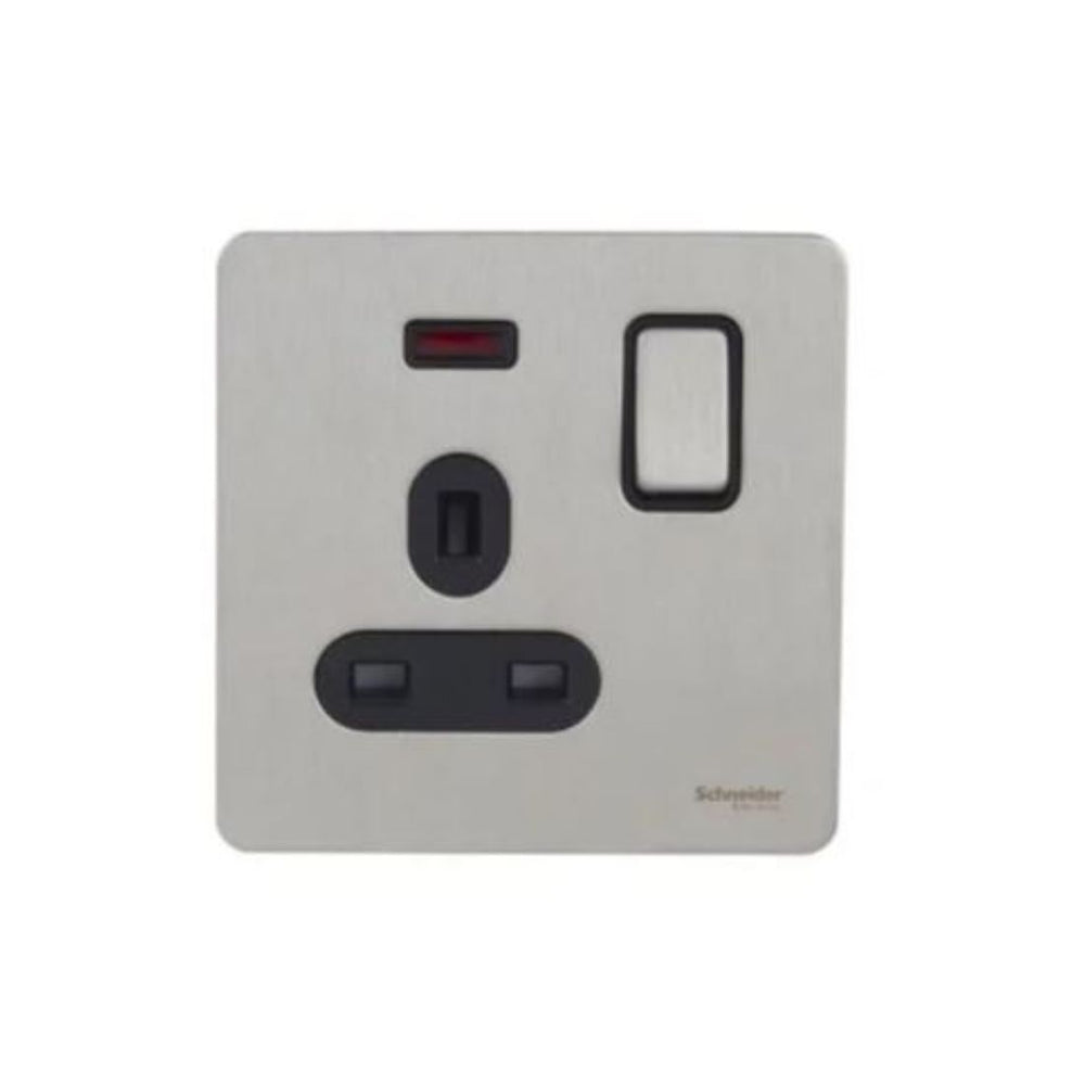 Schneider Electric ULT.SCRWLS Screwless Flat Plate Switched Socket 13A 1 Gang Neon GU3411DBSS - Stainless Steel