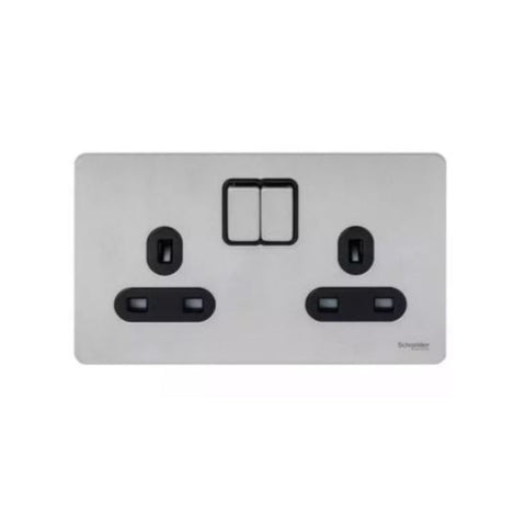Schneider Electric Ultimate Screwless Flat Plate Switched Socket 2 Gangs GU3420-BSS - Stainless Steel, Black