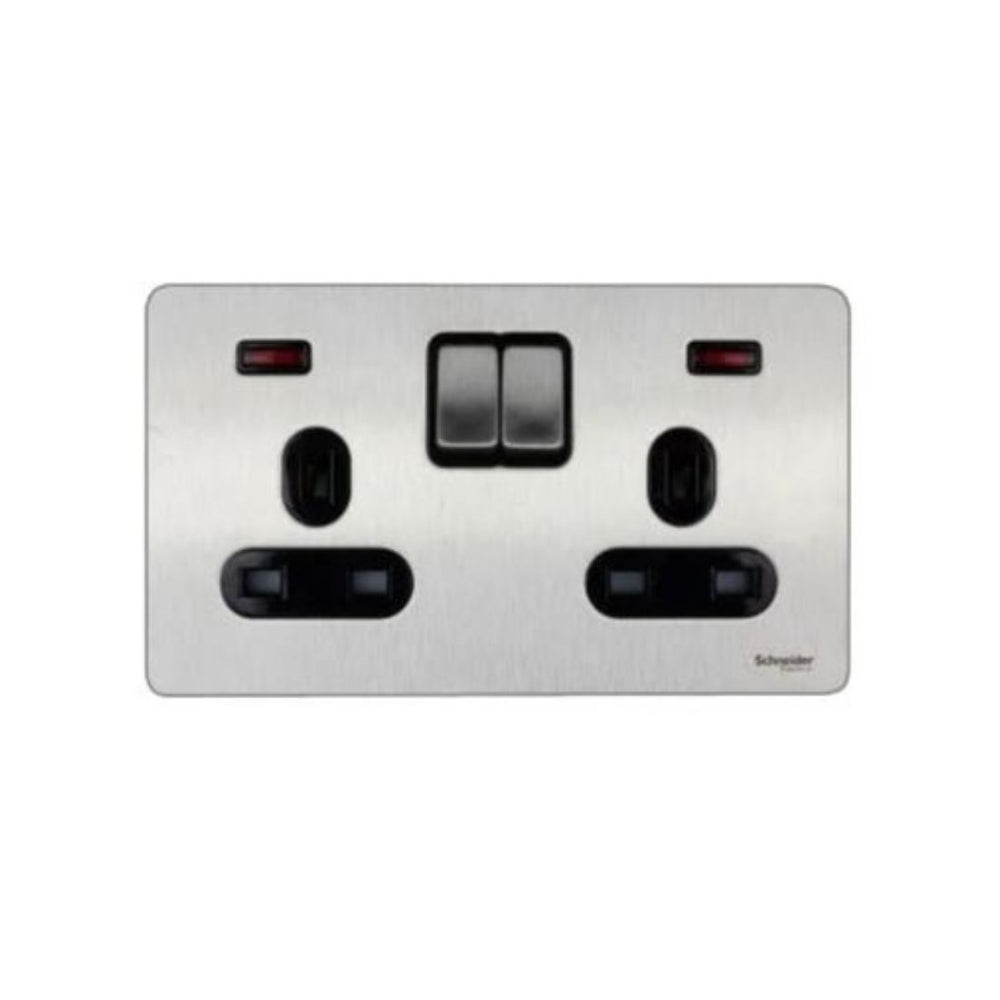 Schneider ULT.SCRWLS Flat Plate 2 Gang 13A DP Switched with Neon - Stainless Steel