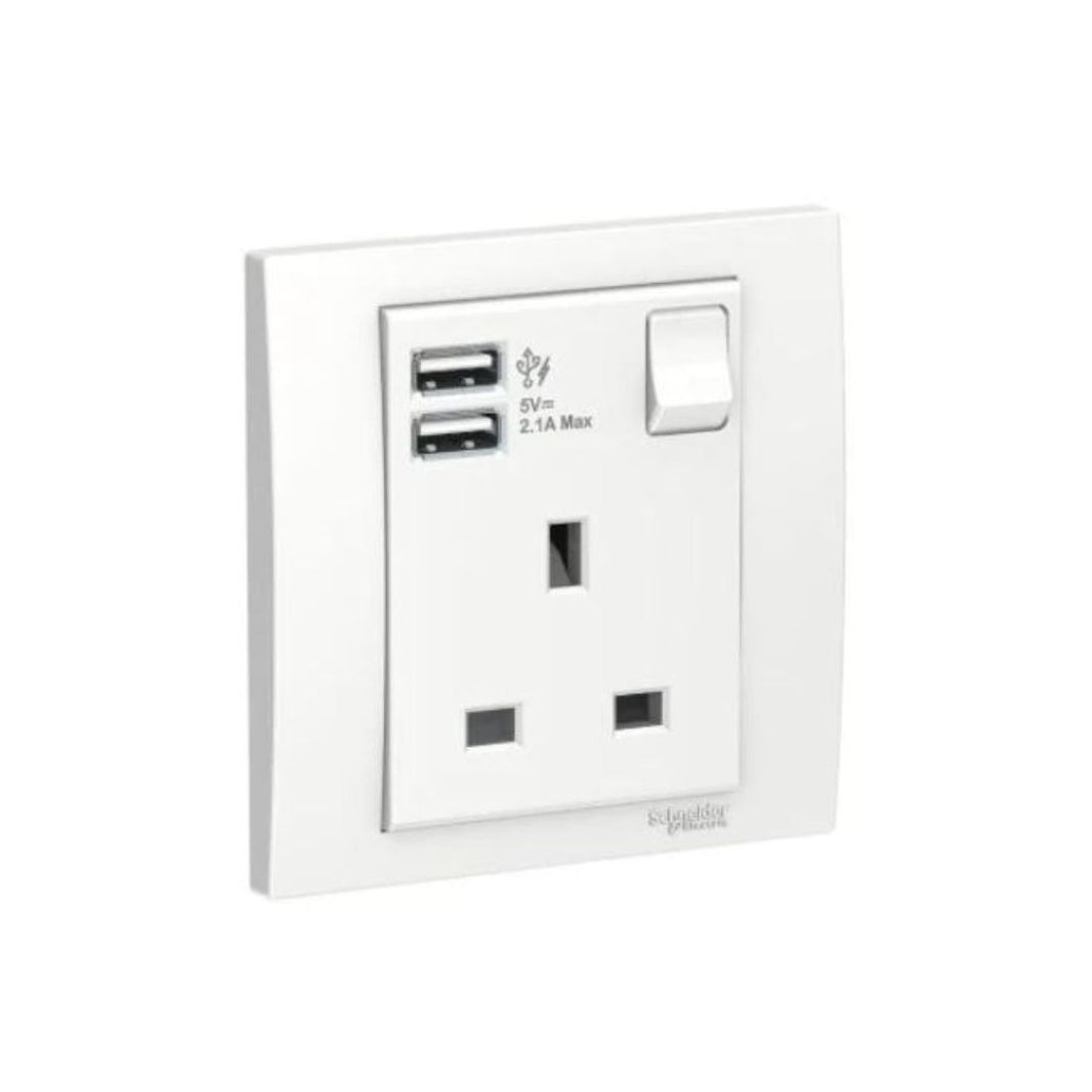 Schneider Electric Vivace 13A 1 Gang Switched Socket with 2.1A USB KB15USB_WE_G12 - White