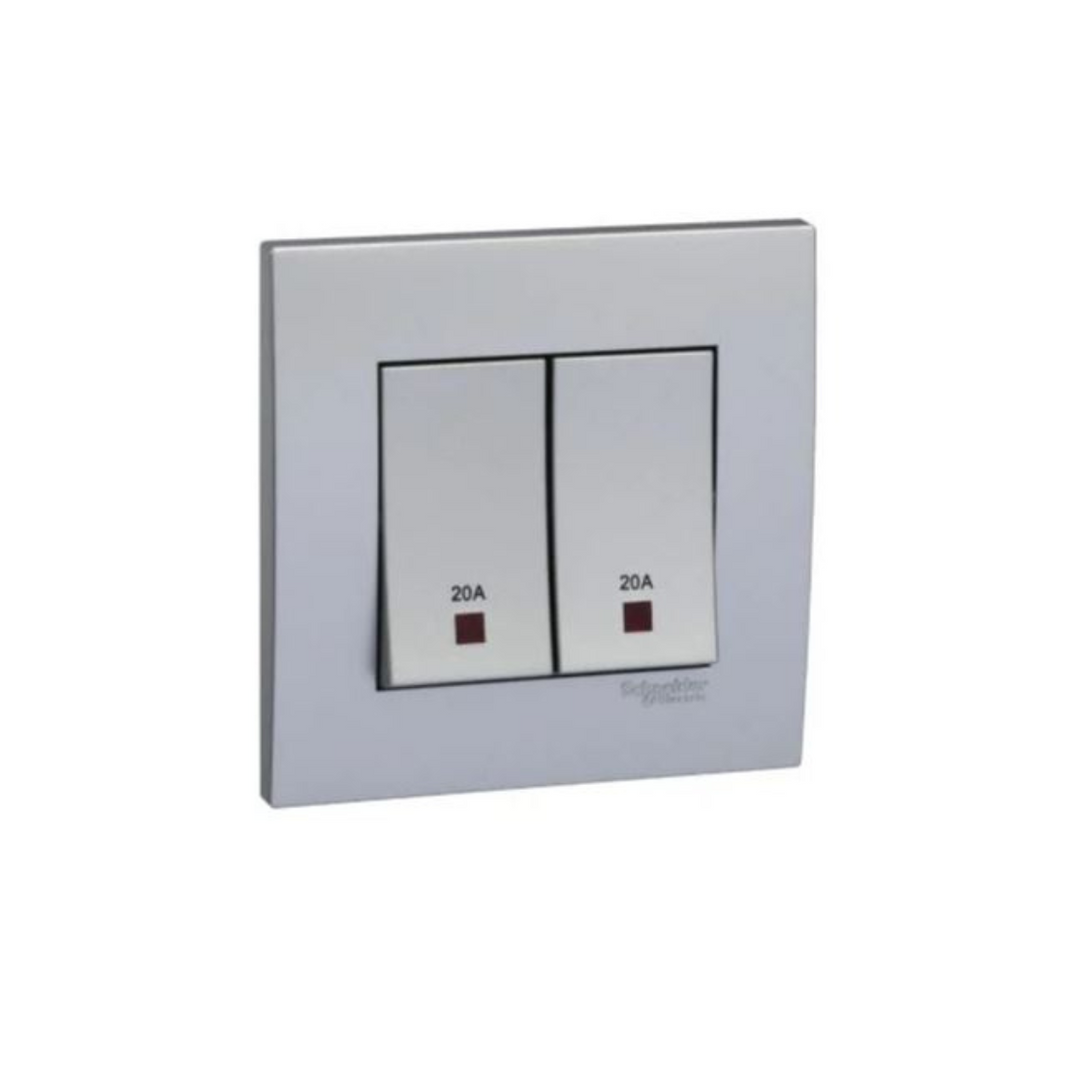 Schneider Electric Vivace Double Pole Switch with Neon and Earth 20A 250V 2 Gang KB32D20NE_AS Aluminium Silver in Dubai, UAE