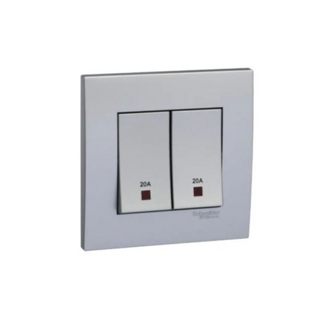 Schneider Electric Vivace Double Pole Switch with Neon and Earth 20A 250V 2 Gang KB32D20NE_AS - Aluminium Silver