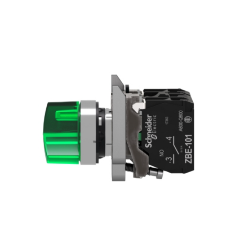 Schneider Electric Harmony XB4 Illuminated Selector Switch Metal Green Ø22 2 Positions Stay Put 230-240V AC 1 NO + 1 NC XB4BK123M5