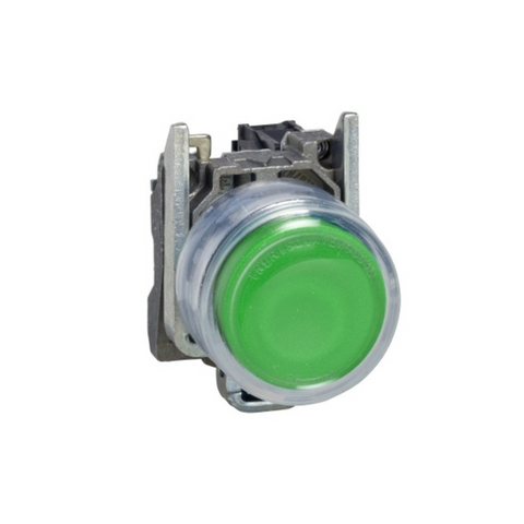 Schneider Electric Harmony XB4 Push Button Metal Projecting Green Ø22 Spring Return Booted Unmarked 1 NO XB4BP31