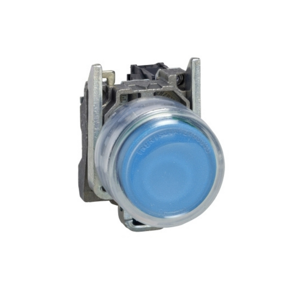 Schneider Electric Harmony XB4 Push Button Metal Projecting Blue Ø22 Spring Return Booted Unmarked 1 NO XB4BP61