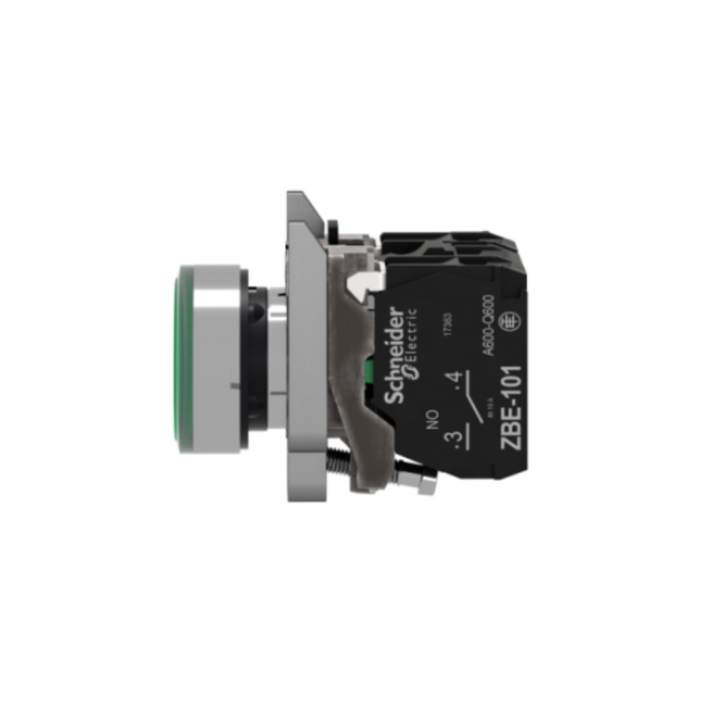 Schneider Electric Harmony XB4 Illuminated Push Button Metal Flush Green Ø22 Spring Return 1 NO + 1 NC 24V AC/DC XB4BW33B5