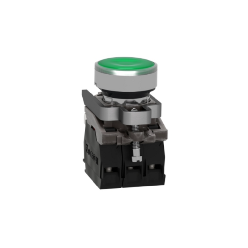 Schneider Electric Harmony XB4 Illuminated Push Button Metal Flush Green Ø22 Spring Return 1 NO + 1 NC 24V AC/DC XB4BW33B5