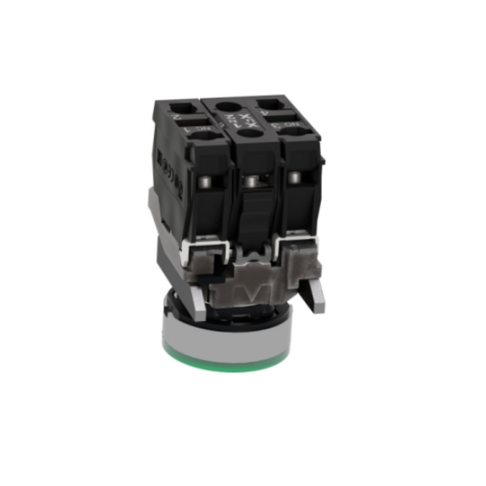 Schneider Electric Harmony XB4 Illuminated Push Button Metal Flush Green Ø22 Spring Return 230-240V AC 1 NO + 1 NC XB4BW33M5