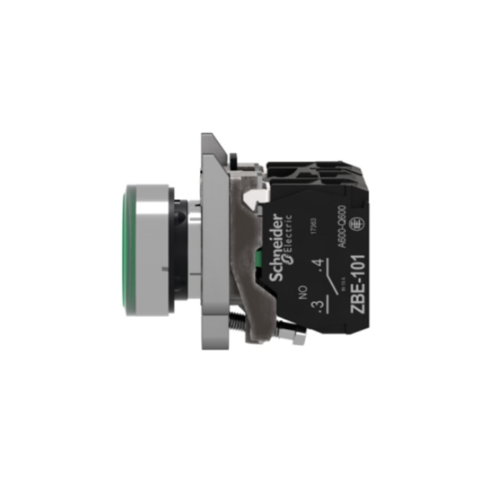 Schneider Electric Harmony XB4 Illuminated Push Button Metal Flush Green Ø22 Spring Return 230-240V AC 1 NO + 1 NC XB4BW33M5