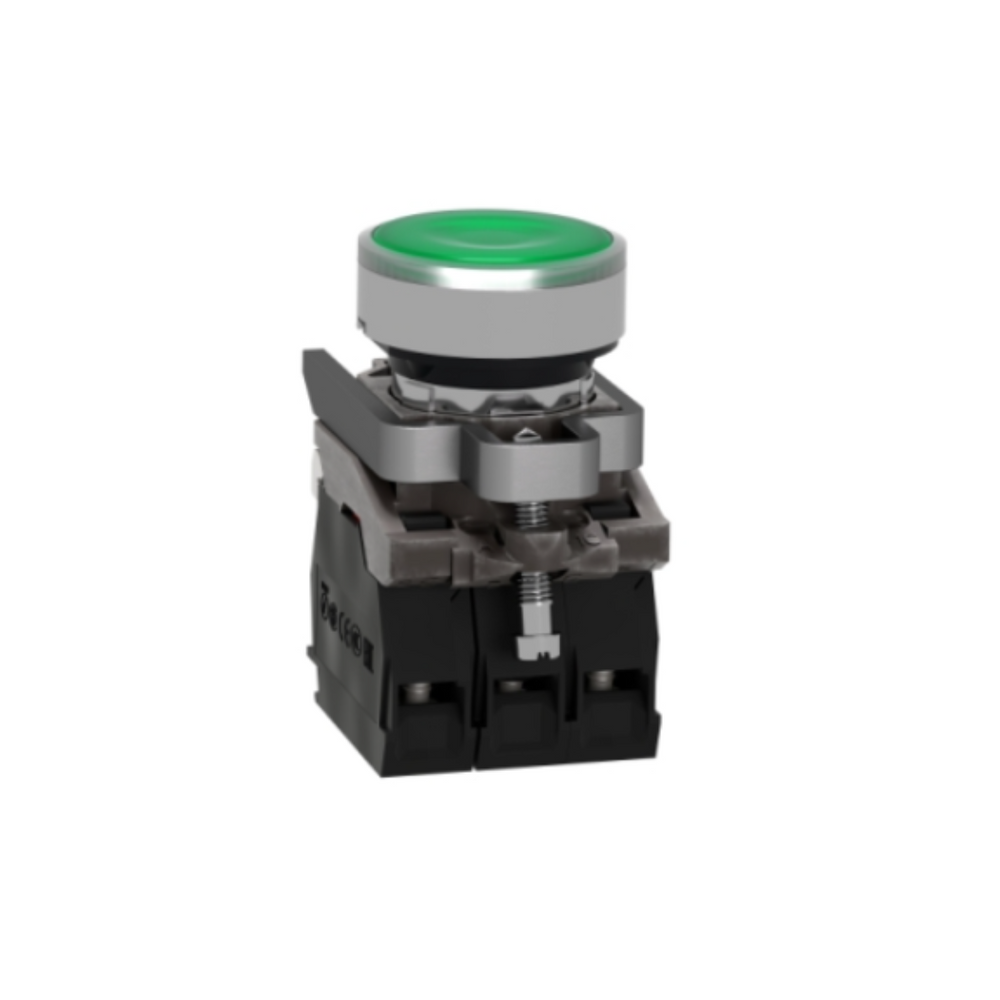 Schneider Electric Harmony XB4 Illuminated Push Button Metal Flush Green Ø22 Spring Return 230-240V AC 1 NO + 1 NC XB4BW33M5
