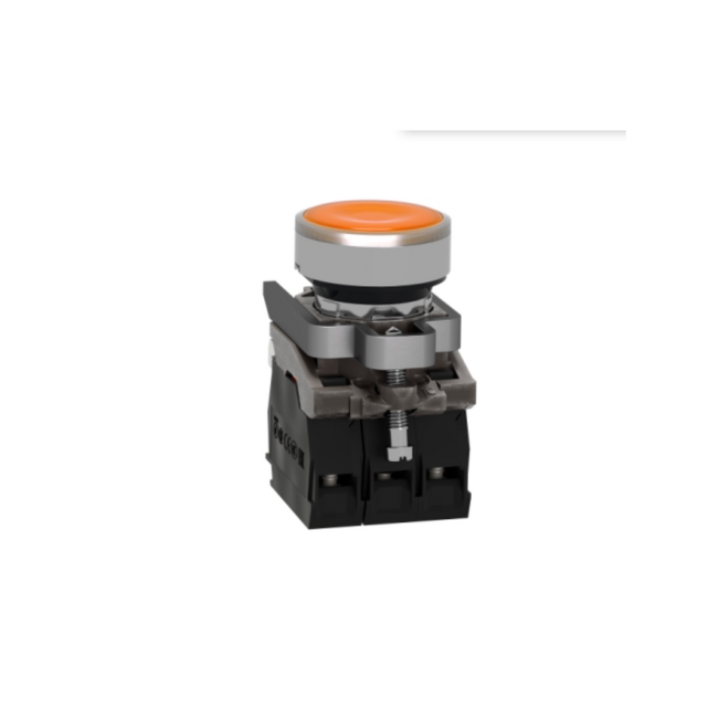 Schneider Electric Harmony XB4 Illuminated Push Button Metal Flush Orange Ø22 Spring Return 230-240V AC 1 NO + 1 NC XB4BW35M5
