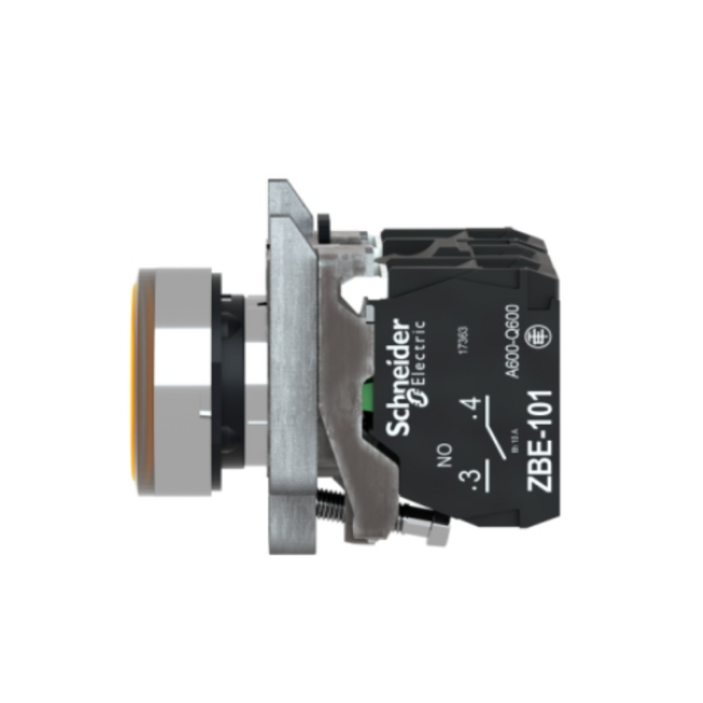 Schneider Electric Harmony XB4 Illuminated Push Button Metal Flush Orange Ø22 Spring Return 230-240V AC 1 NO + 1 NC XB4BW35M5