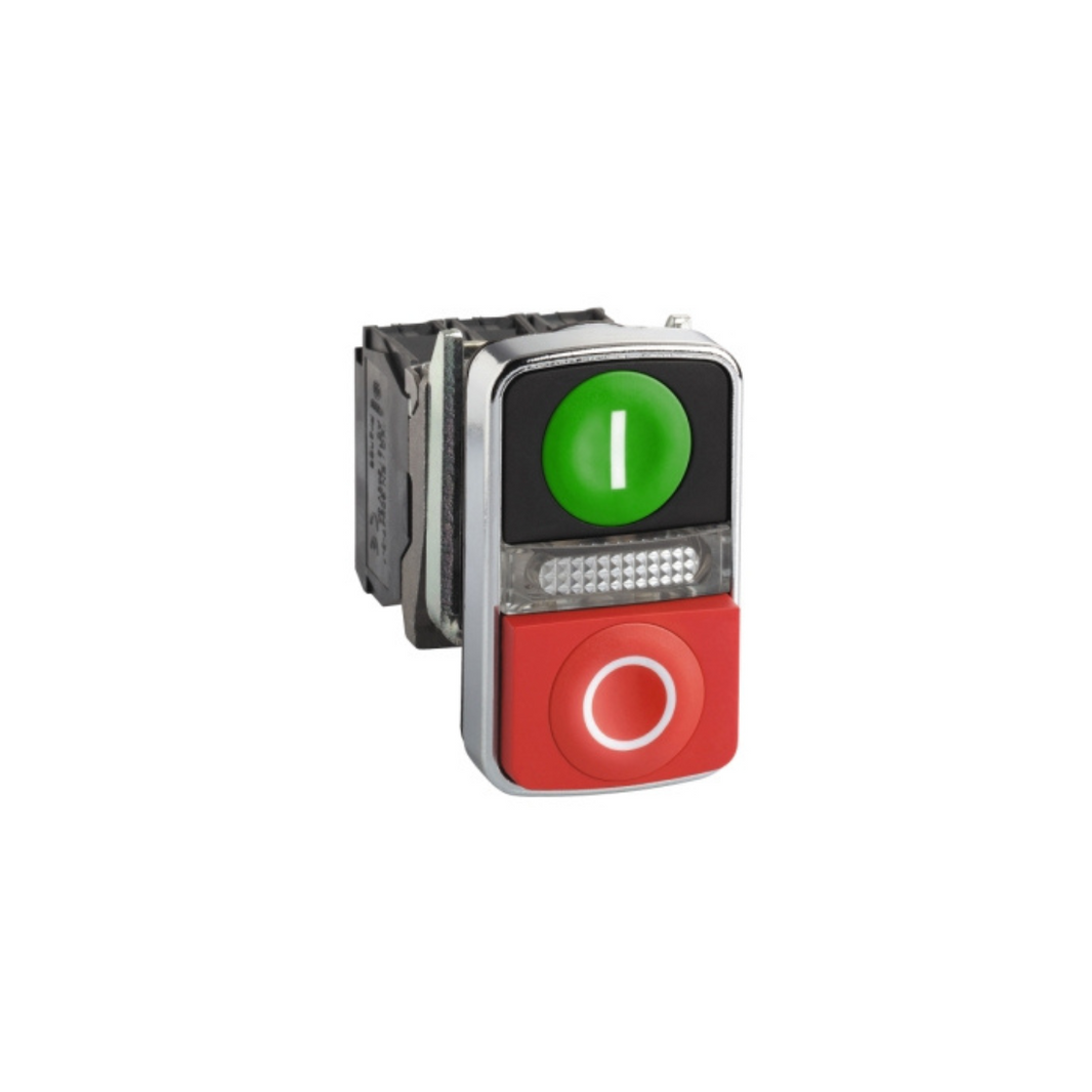 Schneider Electric Illuminated Double-Headed Push Button Metal Ø22 1 Green Flush I + 1 Pilot Light + 1 Red Projecting O 1NO + 1NC XB4BW73731B5