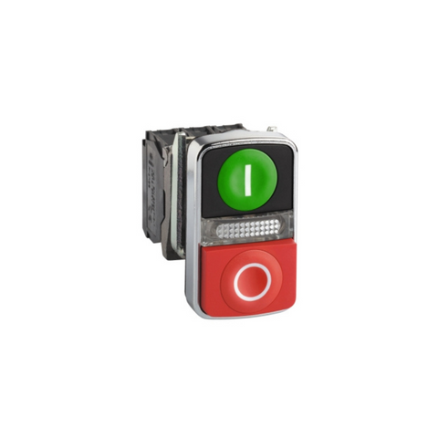 Schneider Electric Harmony XB4 Illuminated Double-Headed Push Button Metal Ø22 1 Green Flush I + 1 Pilot Light + 1 Red Projecting O 1NO + 1NC XB4BW73731B5