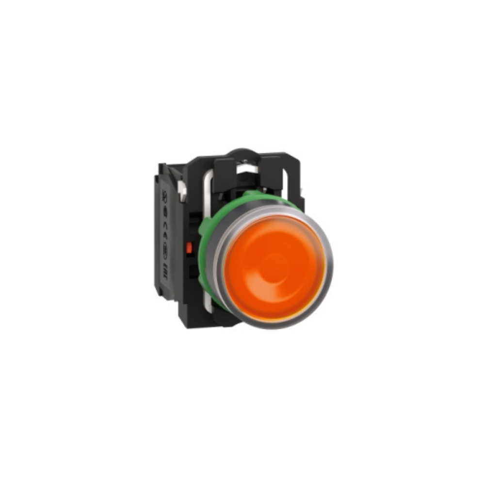 Schneider Electric Harmony XB5 Illuminated Push Button Plastic Flush Orange Ø22 Spring Return 24V AC/DC 1 NO + 1 NC XB5AW35B5