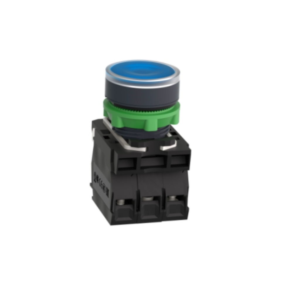 Schneider Electric Illuminated Push Button Plastic Flush Blue Ø22 Spring Return 230-240V AC 1 NO + 1 NC XB5AW36M5