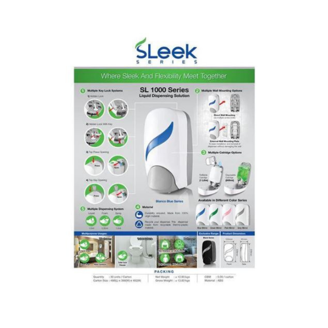 Sleek Series SL 1000 Wall Mounted Hand Soap Dispenser 1000ml - Blanco Blue