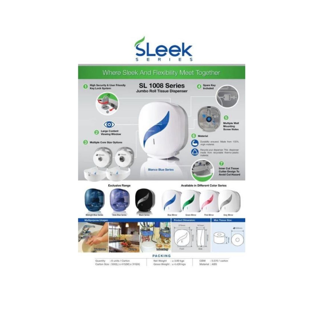 Sleek Series SL 1008 Jumbo Roll Tissue Dispenser - Blanco Blue