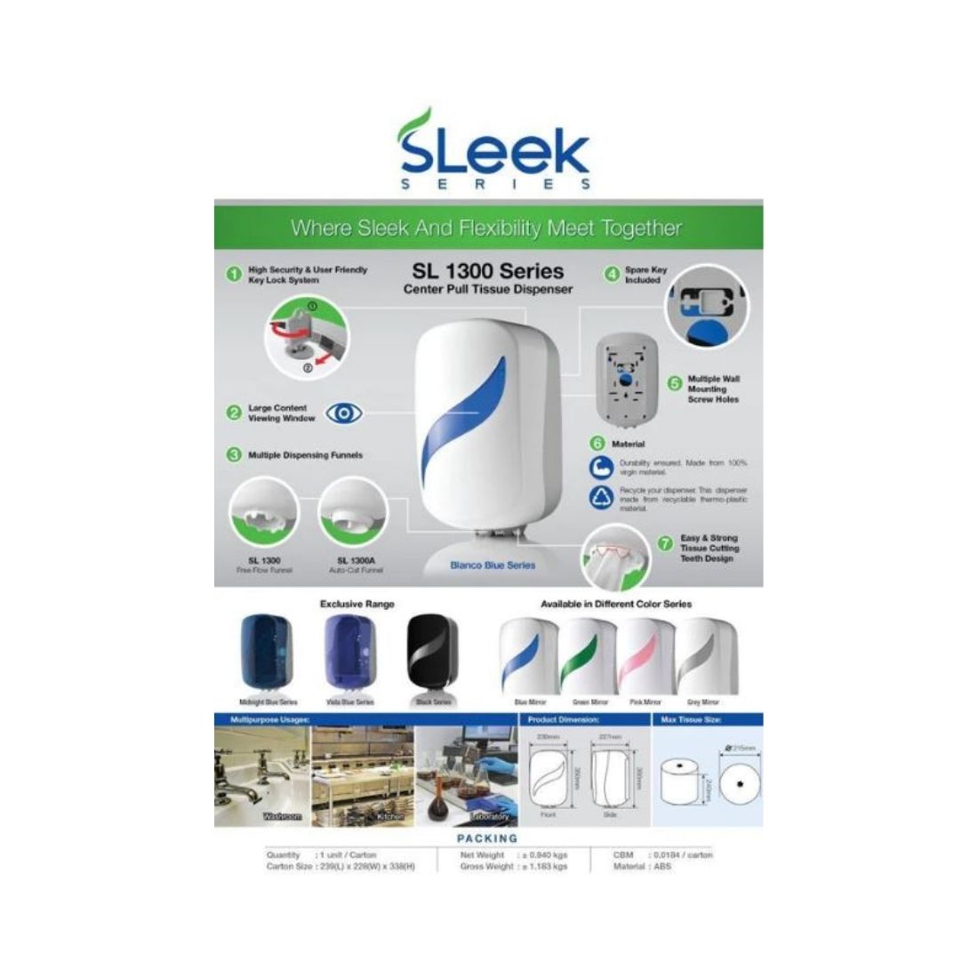 Sleek Series SL 1300 Center Pull Tissue Dispenser - Blue