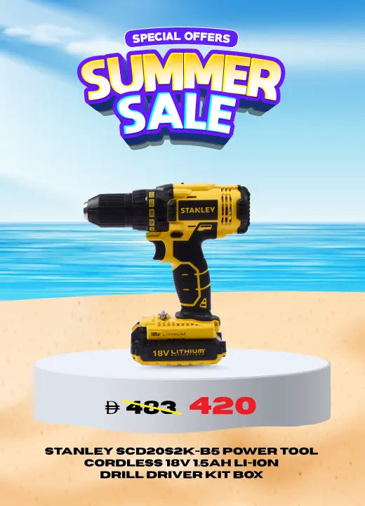 Stanley SCD20S2K-B5 cordless power drill driver kit box with 18V 1.5Ah Li-ion battery, displayed on a beach-themed platform during summer sale. Price reduced from 483 to 420.