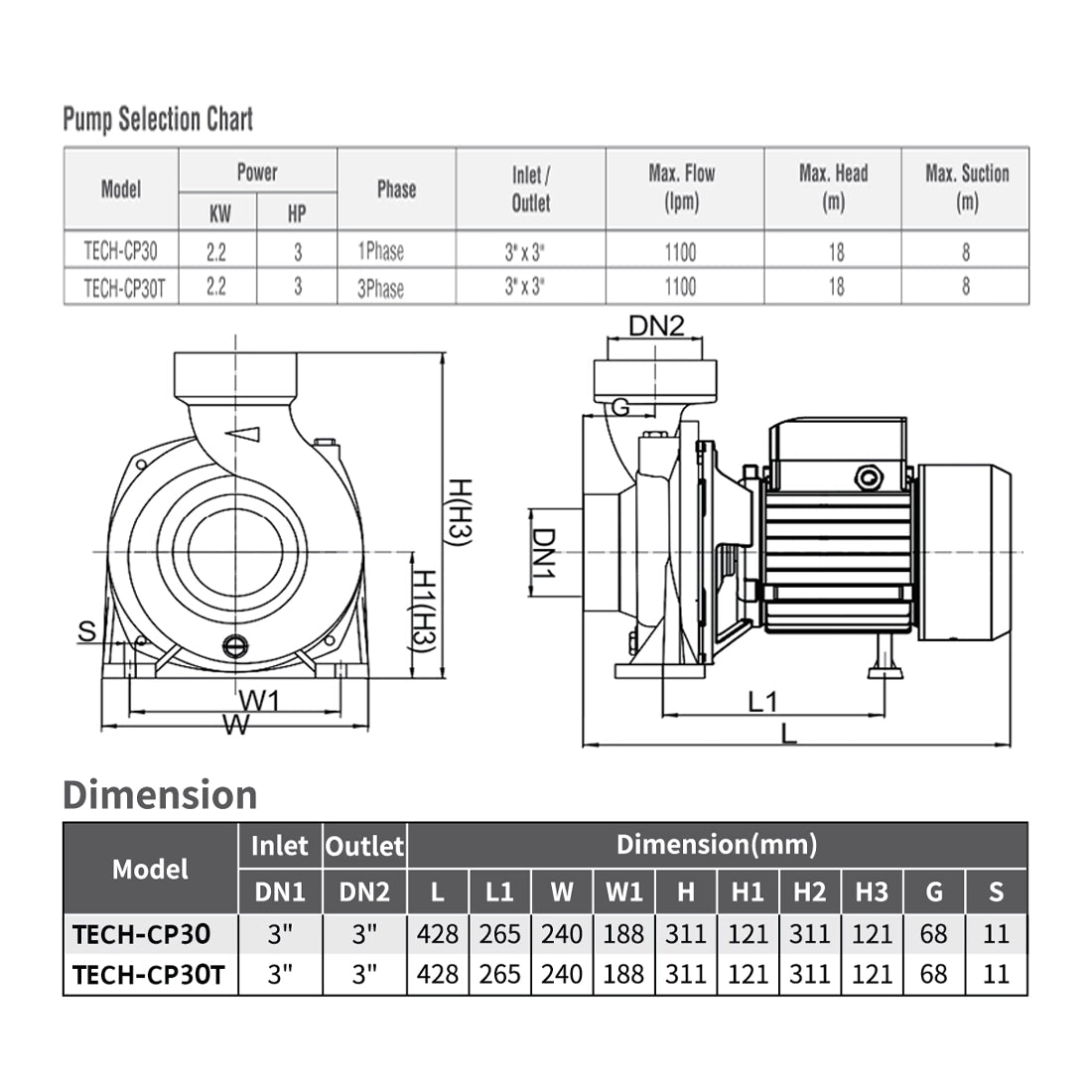 Techno Pumps 3HP Three Phase Centrifugal Water Pump TECH-CP30T
