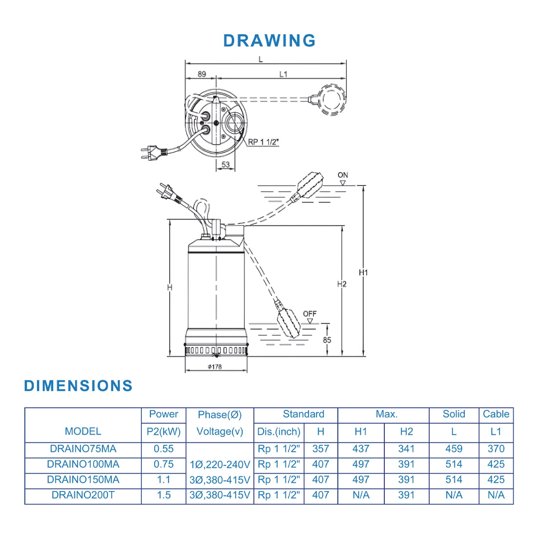 Teral 1HP Single Phase Submersible Drainage Water Pump DRAINO100MA