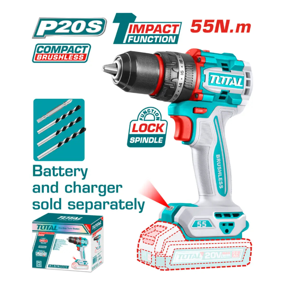 Total Tools Compact Brushless Cordless Impact Drill 20V 55Nm Torque TIDLI205581