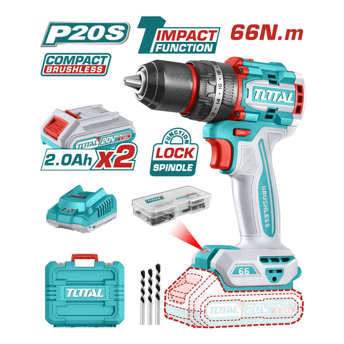 Total Tools Compact Brushless Cordless Impact Drill 20V 66Nm Torque TIDLI20668