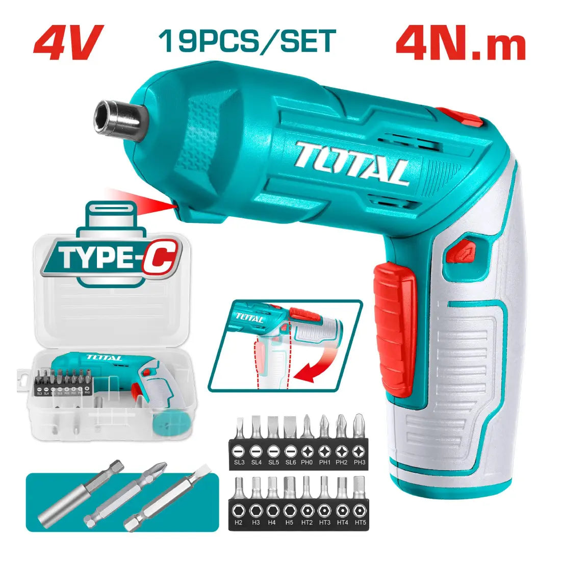 Total Tools Cordless Screwdriver 4V 4Nm Torque TSDLI0442