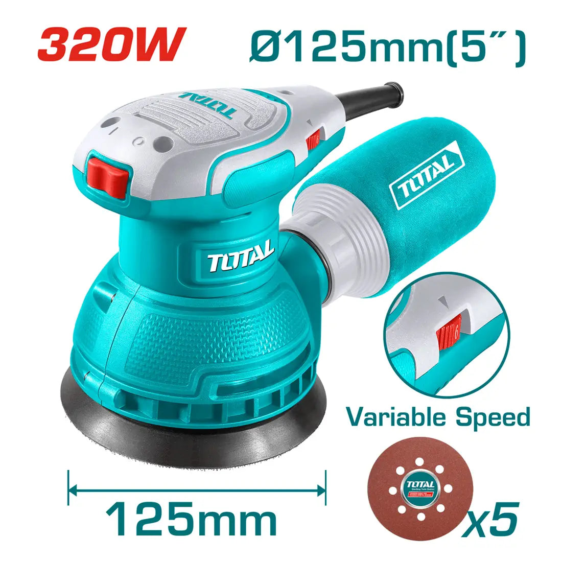 Total Tools Rotary Sander 320W 125mm Dia of Sanding Pad TF2131256