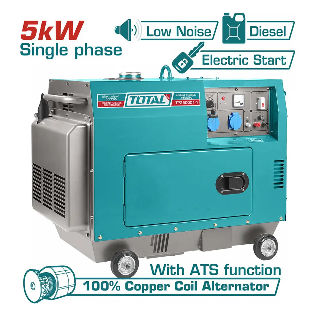 Total Tools Silent Diesel Generator 5.0kW Maximum Output TP250001-8