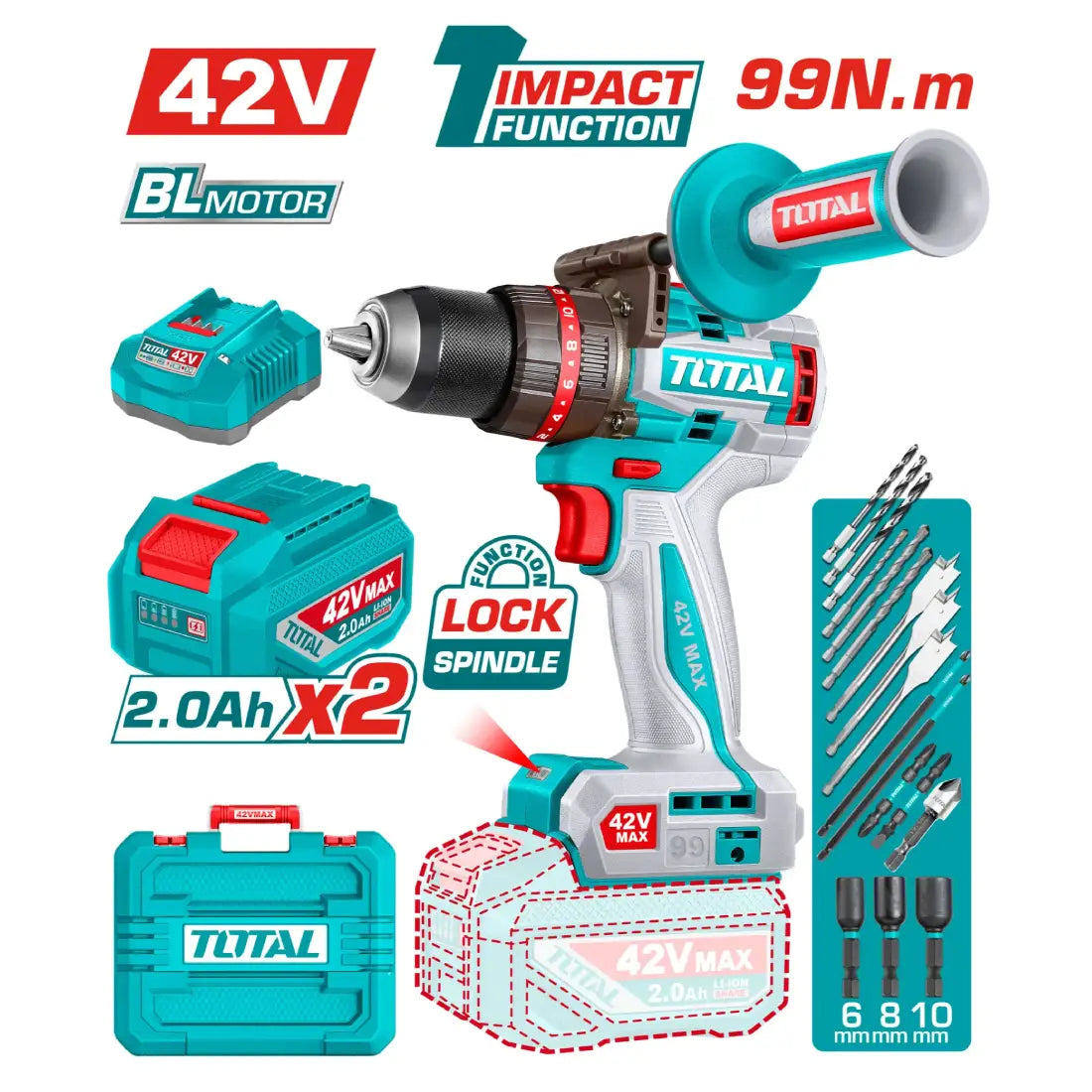 Total Tools Brushless Cordless Impact Drill 42V 99Nm Torque TIDLI429982