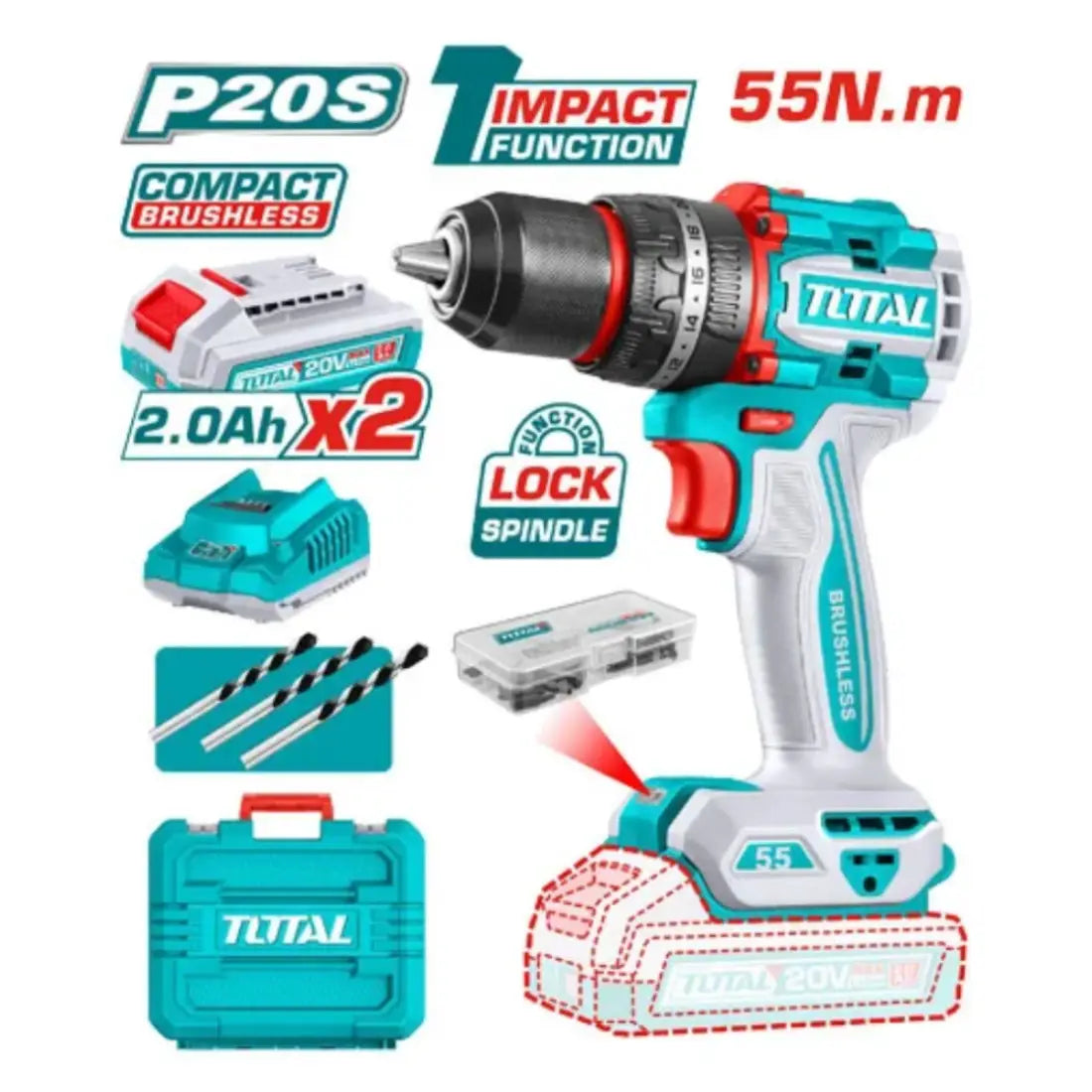 Total Tools Compact Brushless Cordless Impact Drill 20V 55Nm Torque TIDLI20558