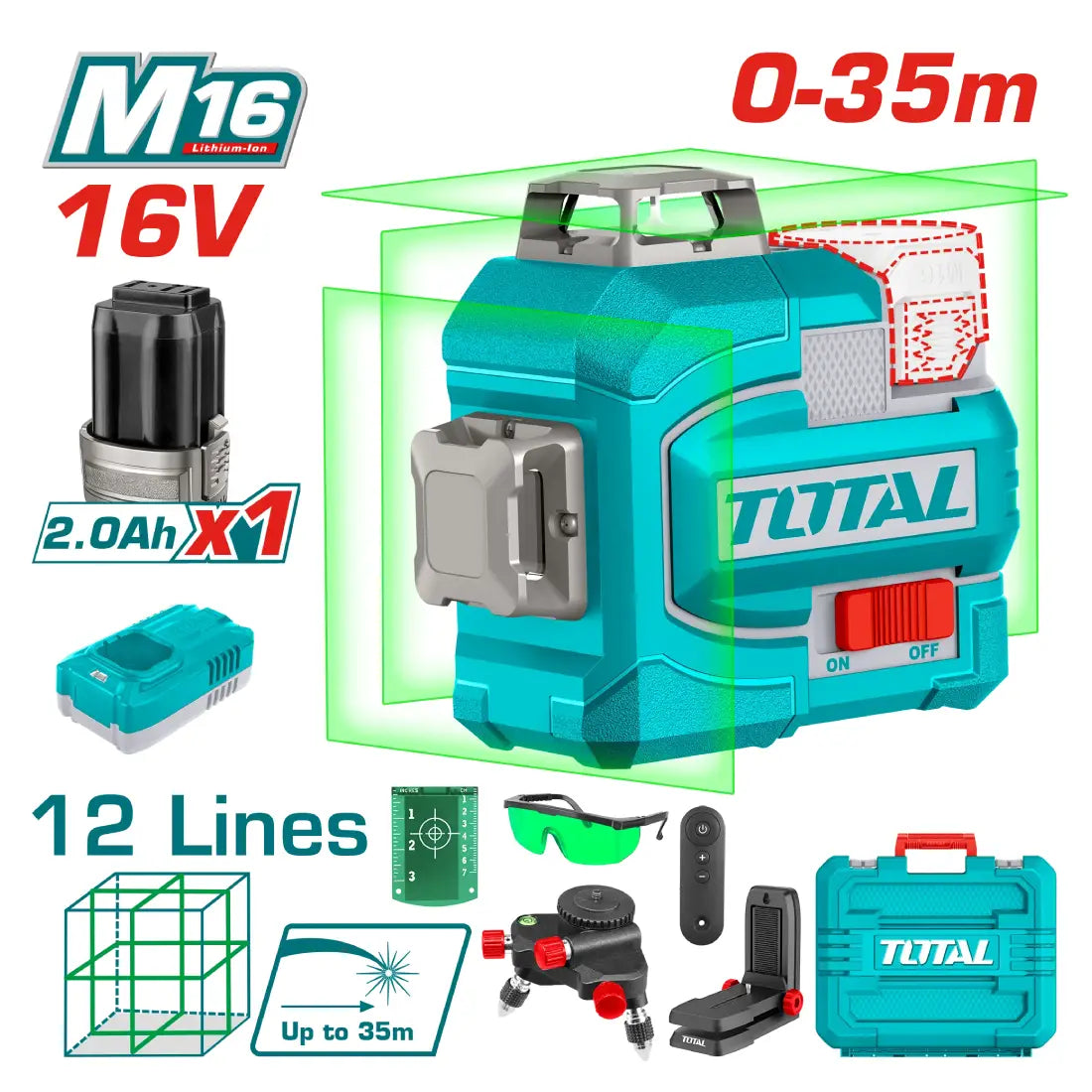 Total Tools Cordless 3D Laser Level 16V 0~35m Range TLL301201