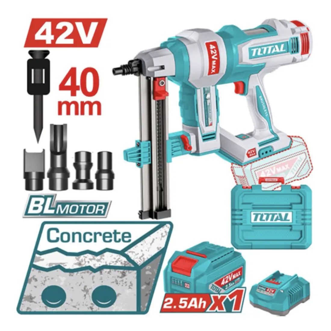 Total Tools Cordless Concrete Nailer 20V 19-40mm Fastener Length Range TCNLI9005