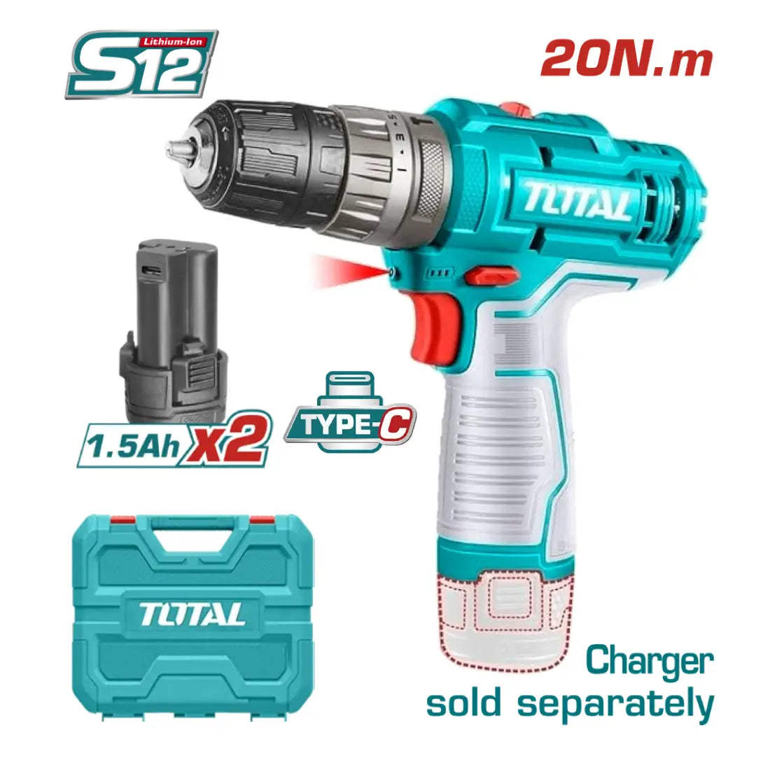 Total Tools Cordless Drill 12V 20Nm Torque TDLI12202
