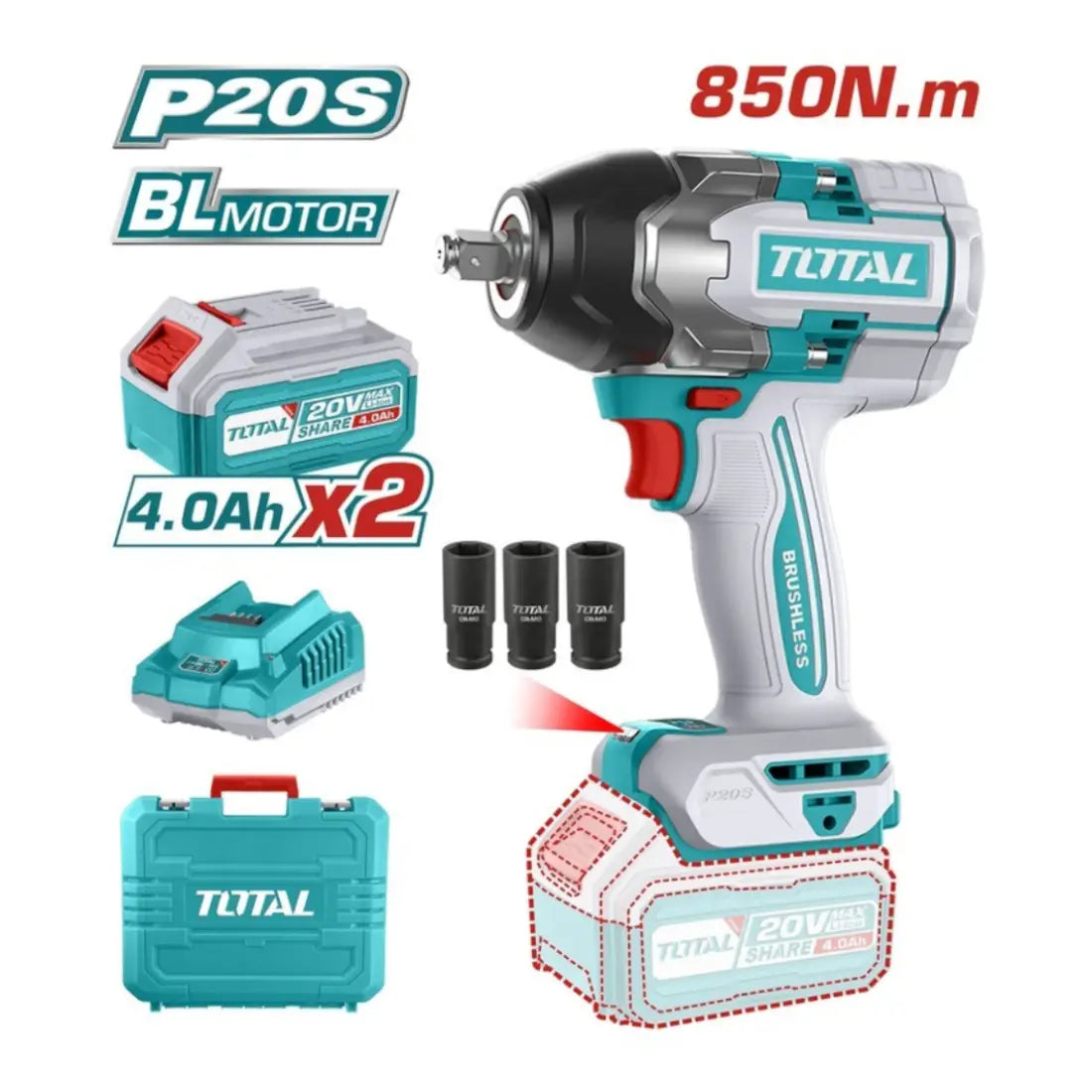 Total Tools Cordless Impact Wrench 20V 850Nm Torque TIWLI2085