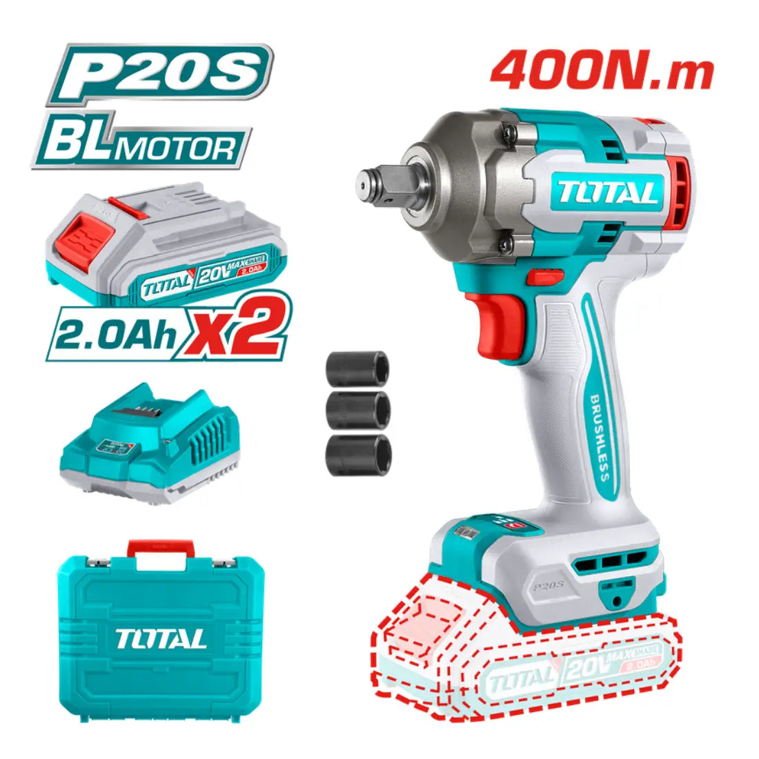 Total Tools Cordless Impact Wrench 550Nm Torque TIWLI2040