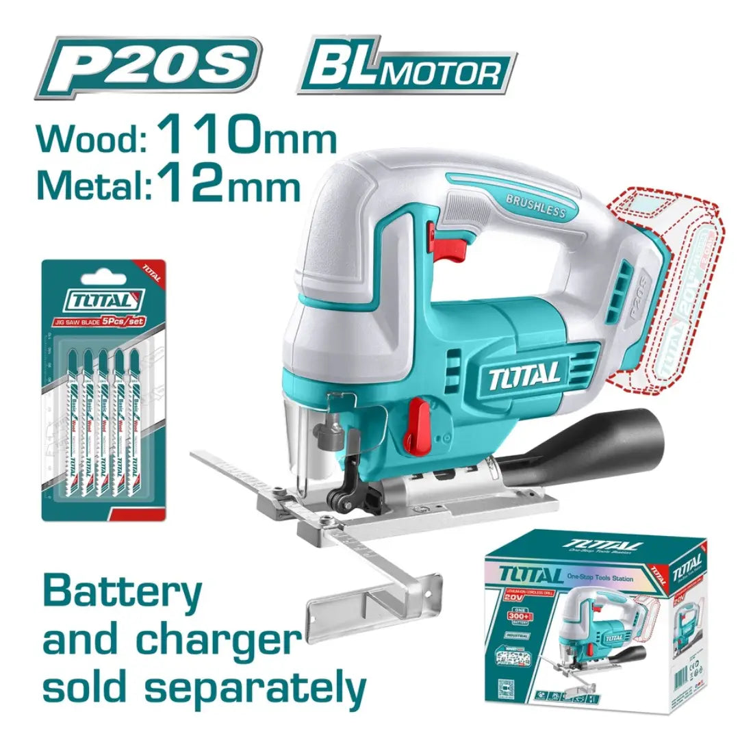 Total Tools Cordless Jig Saw 20V 3000rpm Speed TJSLI1008