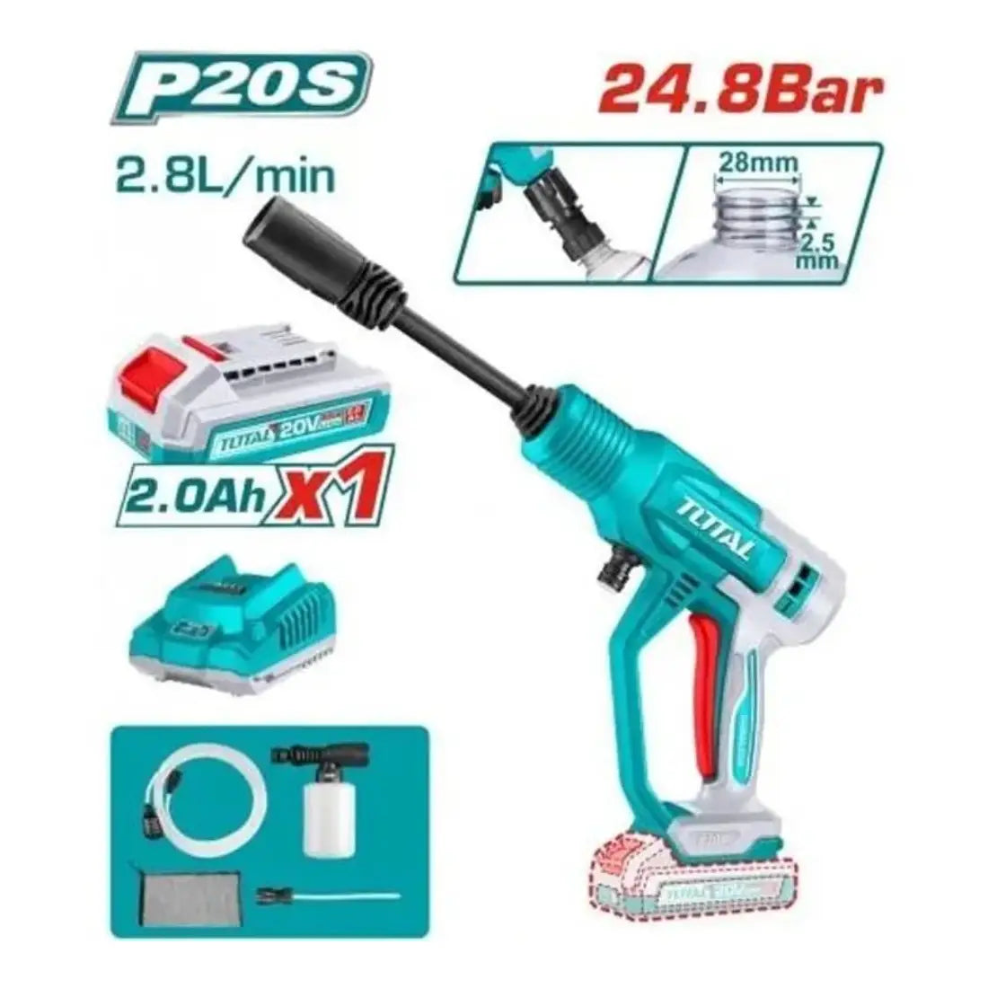 Total Tools Cordless Pressure Washer 20V 24.8Bar Pressure TPWLI20362