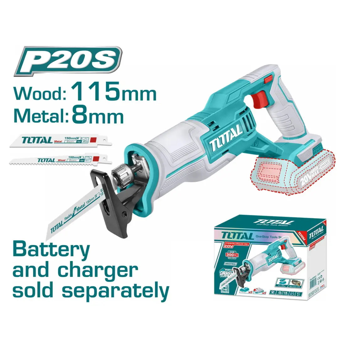 Total Tools Cordless Reciprocating Saw 20V 0-2800rpm No-load Speed TRSLI1152