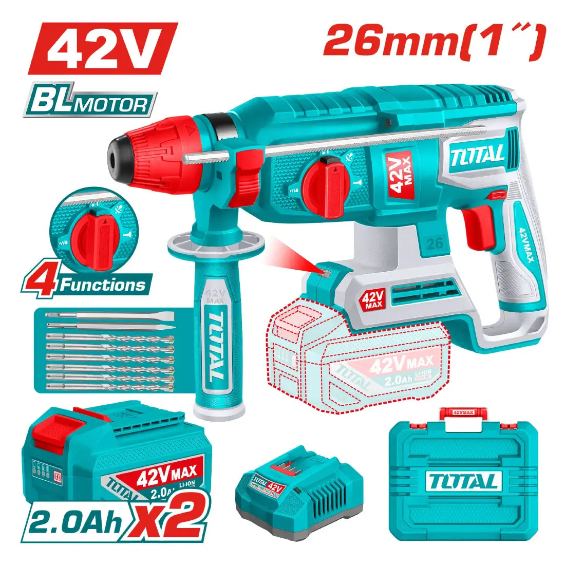 Total Tools Cordless Rotary Hammer 42V 2.5J Impact Energy TRHLI422682