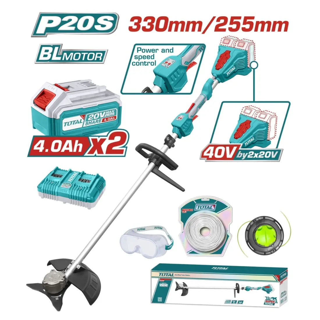 Total Tools Cordless String Trimmer and Brush Cutter 40V 330mm/255mm Diameter TSTLI200285