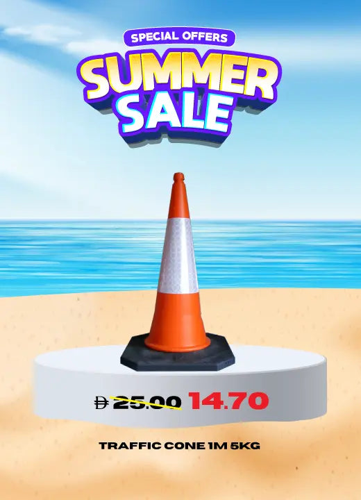 Traffic cone 1 meter tall, 5kg weight, displayed on a beach background as part of a summer sale. Price discounted from 25.00 to 14.70