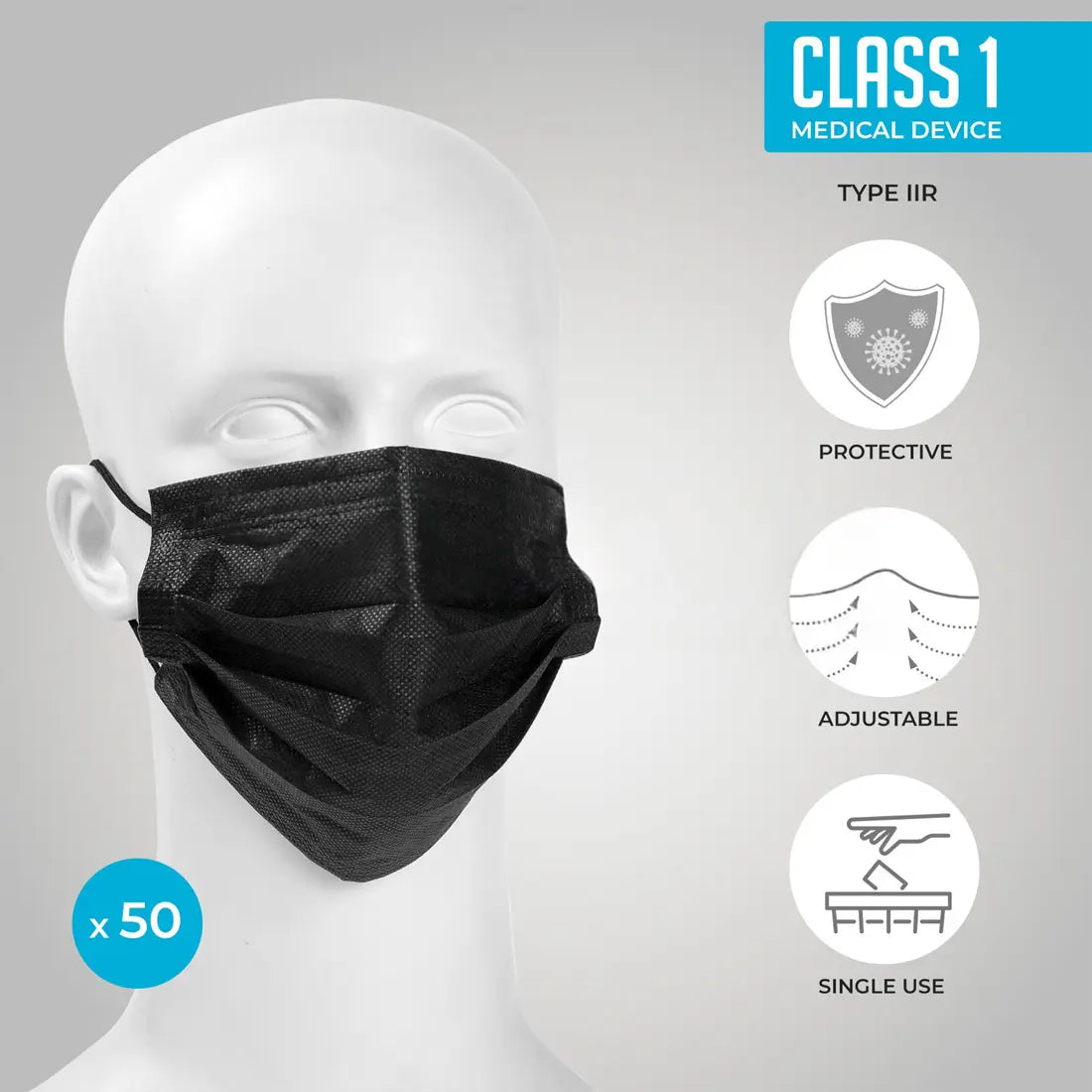 Vaultex BCM 3 Ply Disposable Non-Medical Mask, 50 pcs - Black