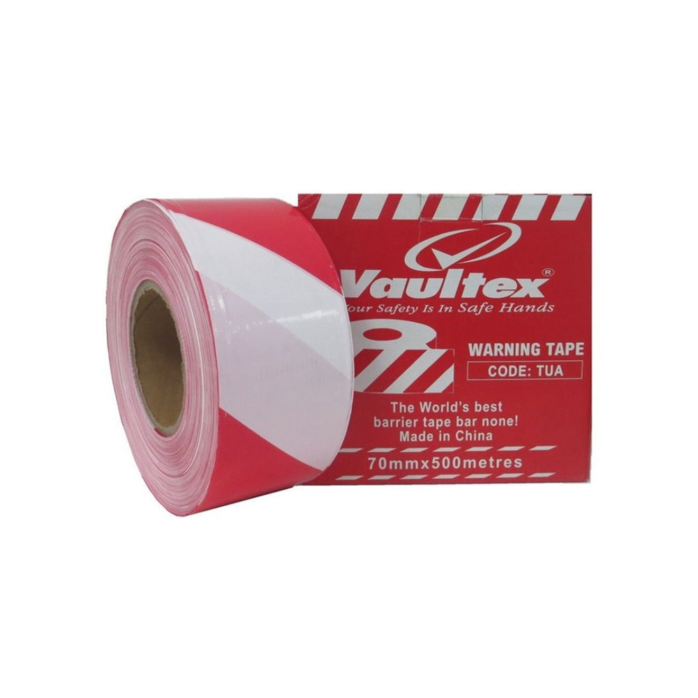 Vaultex TUA Warning Tape - Red & White, 70MM X 500 Meters